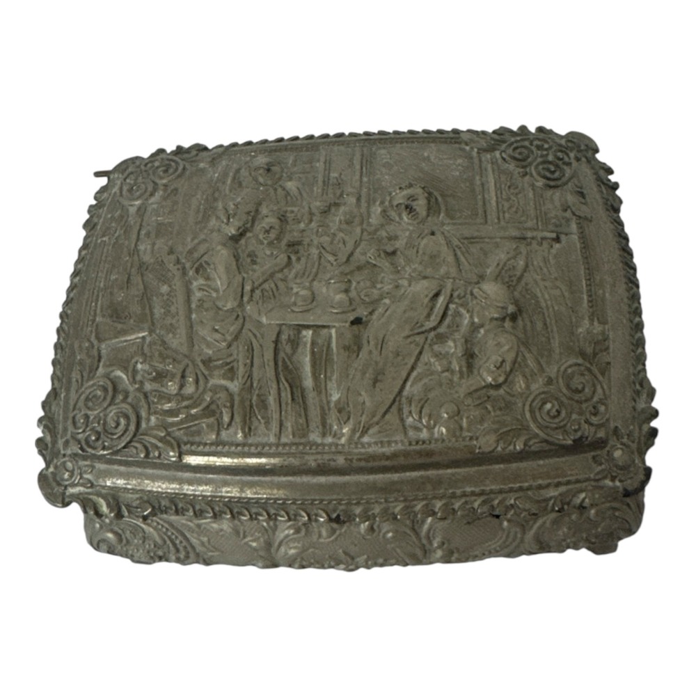 Vintage Ornate Metal Trinket Jewelry Box Tavern Scene Footed Silver Tone READ